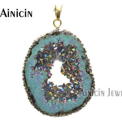 5pcs Many Colors Hollow Out Natural Drusy Geode Rainbow Plated Pendants Rhinestone Paved Jewelry Findings