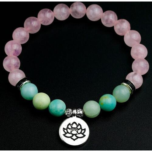 8 MM Rose Quartzs With Amazonite Handmade Jewelry Natural Stone Beaded Bracelet Yoga Chakra Lotus Mala Bracelet Women Men Gift