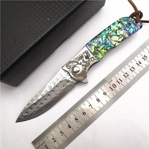 Free Wolf FW05 Ball Bearing Flipper Damascus Blade Shell Handle Outdoor Utility Camping Hunting Fishing Pocket Folding Knife EDC