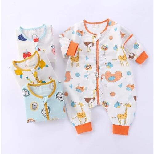 Baby Gauze Sleeping Bag Cotton Cartoon One-Piece Pajamas Children Leg-Split Sleeping Bag Spring Autumn Thin Baby Anti-Kick Quilt