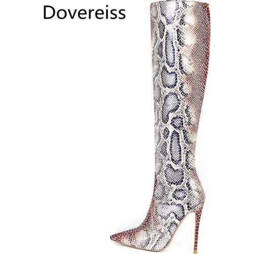 Dovereiss Fashion Womens Shoes Winter Snakeskin Pointed Toe Stilettos Heels Sexy Elegant Zipper Knee high boots new big size 45