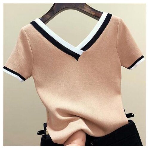 V-neck Khaki Girl Summer beauty Thin Office Lady Cloth Women T-shirts Knitting Crop Short Sleeve Stretchy T-shirt Ice silk Tops