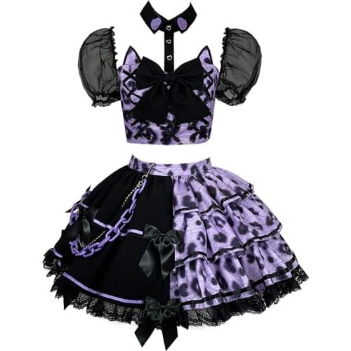 Original Design Japanese Girls Cat Ear Purple Ball Gown Mini Skirt set Dots black bow tie crop top kawaii cute summer 2pcs set