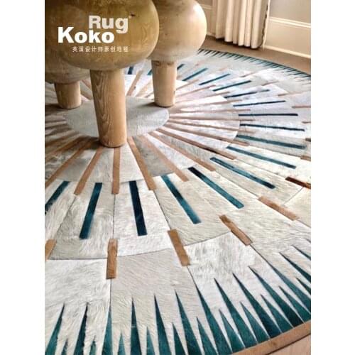 Nordic Luxury Cowhide Round Rug Sound Absorbing Natural Cow Skin Carpet Piano Area Rugs for Living Room Bedroom Decoration Mat