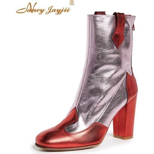 Lou Red White Woman Ankle Boots Patent Leather Mixed Colors Luxury Ladies Shoes 10cm Back Zipper Block Heels Plus Size 45 46 41