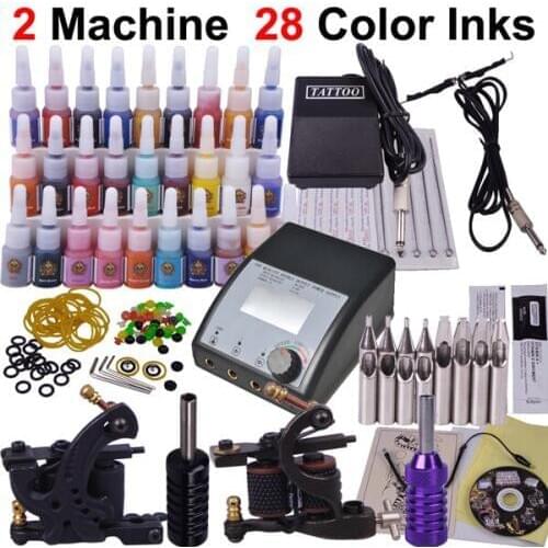 Professional Complete Tattoo Kit Set Tattoo Machine Power Supply 2 guns 28 Color Inks Tattoo Supplies for Starter