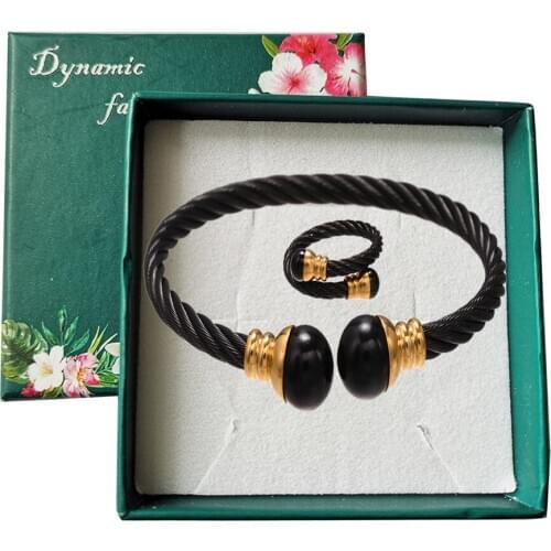 Punk style retro titanium steel winding open bracelet ring set black stainless steel jewelry set