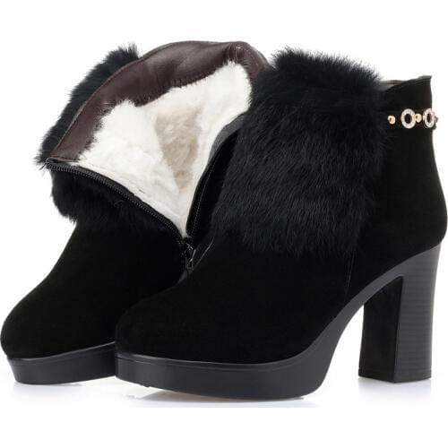 2019 New Rabbit Fur Decoration Matte Cowhide Winter Women Boots High-heeled Boots Non-slip Comfort Warm Plush / Wool Snow Boots