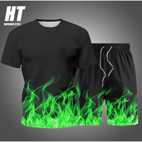 Summer New Mens Sets Mens 2 Piece Outfit Sweat Suits Men Flame 3D Print T-Shirt+Shorts Male Sportswear Casual Fashion Tracksuit