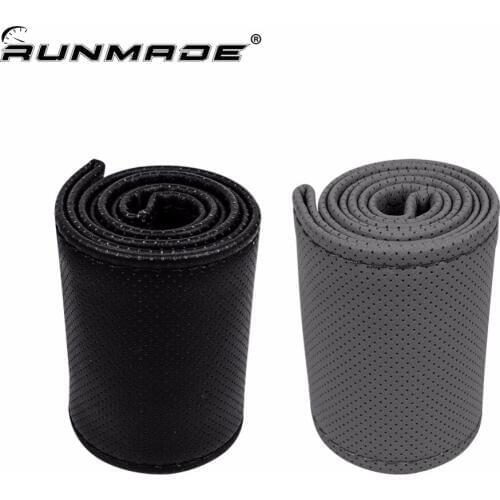 Runmade DIY Hand Stitched Braid Steering Wheel Covers Extremely Soft PU Leather Braid on the steering-wheel Black Gray