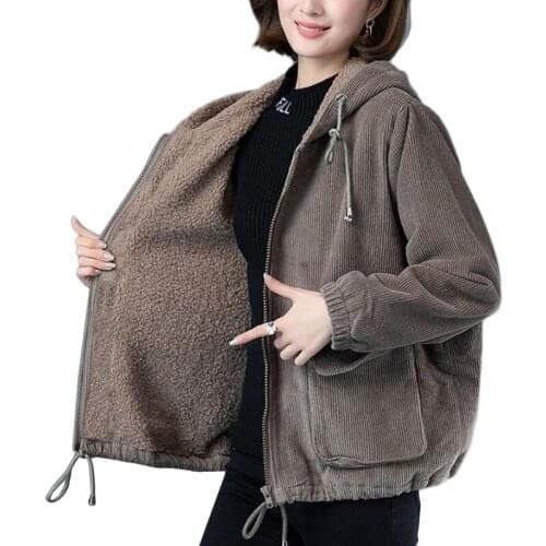 Autumn Winter New Corduroy And Velvet Short Parka Ladies Lambswool Warm Casual Outerwear Plus size Ladies Hooded Trench Coat 5XL