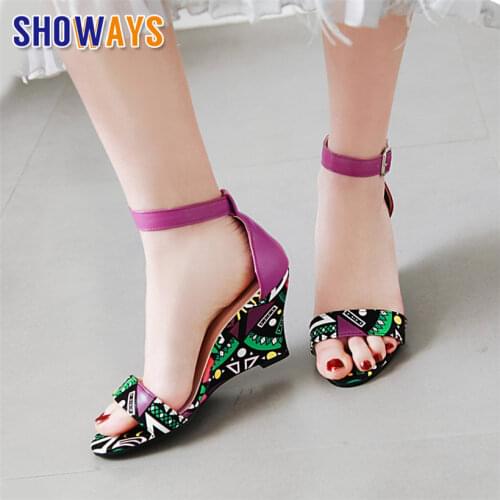 Summer Women Sandals Purple Black Yellow Graffitti Print High Wedge Heels Casual Office Ladies Open Toe Ankle Buckle Strap Shoes