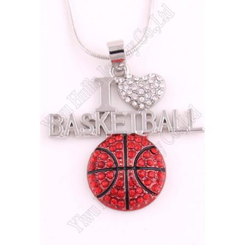 Sports Jewelry Drop Shipping 1.3"*1.3" inches Crystal rhodium plated Chain I LOVE BASKETBALL 2D Pendant Necklace