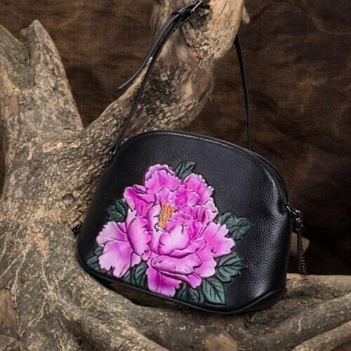 Messenger New Women Shoulder Bag Mini Peony Floral Pattern High Quality Vintage Style Genuine Leather Crossbody Shell Bags Purse