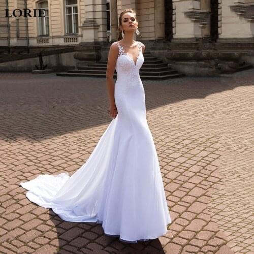 LORIE White Lace Mermaid Wedding Dresses Satin Roundd Neck Wedding Bride Dresses With Train Wedding Gown Vestido de novia