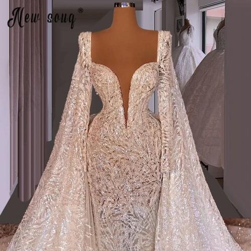 Muslim Long Sleeve Bridal Gowns Middle East Dubai Mermaid Wedding Dress Sexy V Neck Bridal Dresses Vestido De Novia