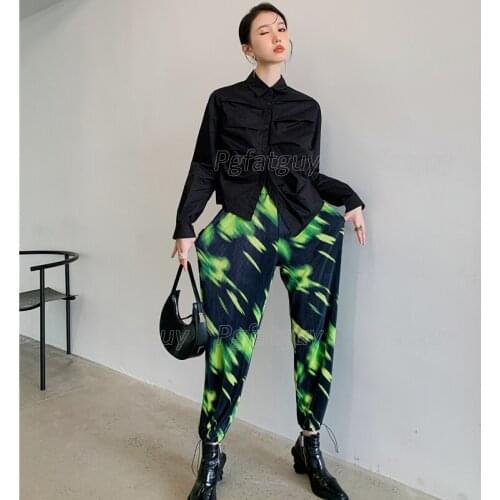 Loose Women Two Piece Set Autumn All-match Long-sleeved Shirt + Black Green Psychedelic Gradient Pleated Draped Wide-leg Pants