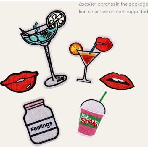 6pcs/set DIY cup lips Iron on Patches for Clothing Embroidery Patch Stickers Clothing Applique Decoration Fabrics Badge