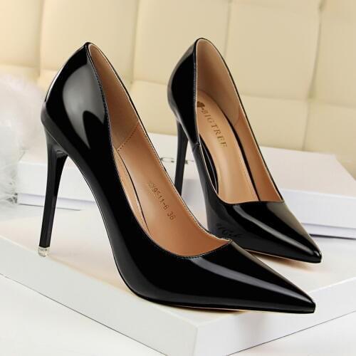 Spring Autumn Women Elegant 10CM Thin High Heel Shallow Pumps Shoes Ladies Patent Leather Pointed Toe Slip-On Office Party Shoes