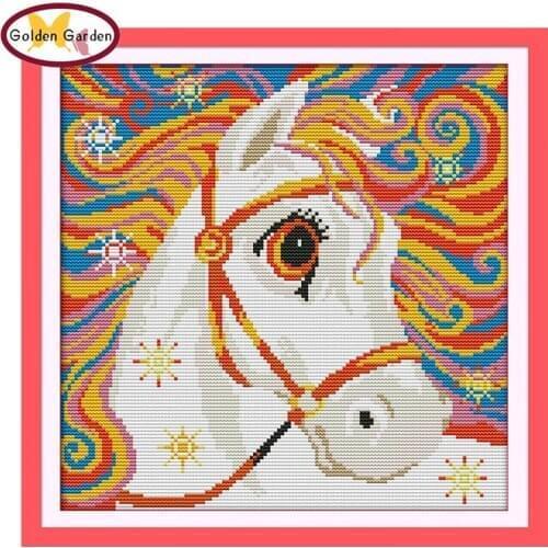 GG Rainbow Horse Counted or Stamped Cross Stitch 11CT14CT DIY Kits Needlework Embroidery Cartoon JS Cross Stitch Sets for Kids
