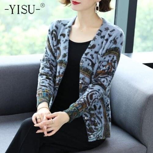 YISU Print Cardigan Women Knitted Sweater Autumn Winter Single-breasted Cardigan Casual Female Imitation mink Cardigan Coat
