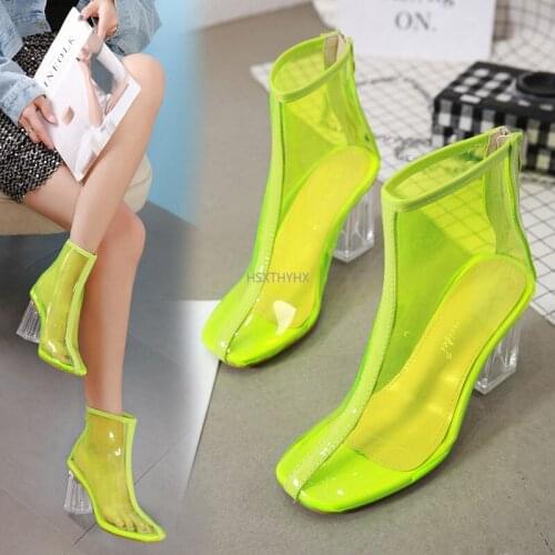 2021 European and American Fluorescent Color Crystal Thick Heel Transparent Tape Color Matching High Heel Womens Sandal Boots
