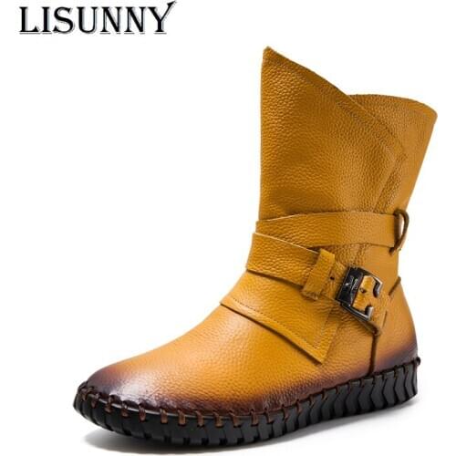 LISUNNY 2020 Womens Boots Winter Warm Leather Handmade Retro Flat Boots Flat Shoes Genuine Leather Boots for Women