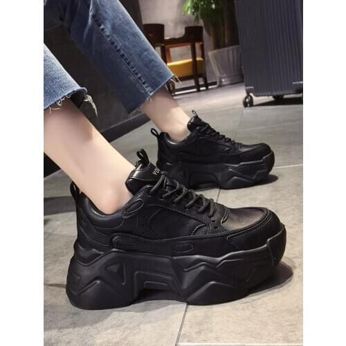 Women Platform Sneakers Leather Casual Ladies Chunky Shoes 2020 White Woman High Black Fashion Thick soled Wedge Sneakers