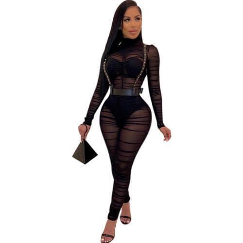 2020 New Long Sleeve Black Sexy Bodycon Jumpsuit for Women Mesh See Through Skinny Rompers Female Draped Going Out Club Overalls