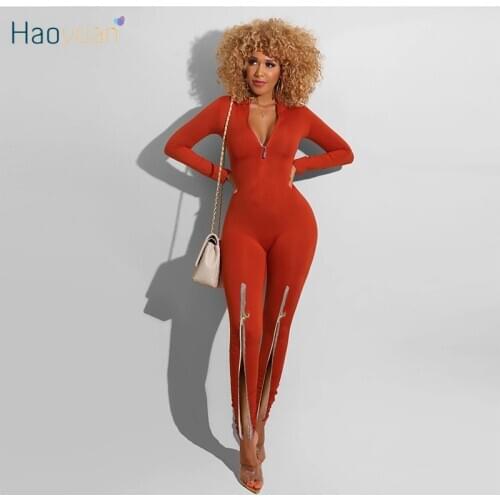 HAOYUAN Sexy Bodycon Jumpsuit Long Sleeve Bodysuit Women Fashion Clothing for Fall Streetwear Side Split One Piece Club Outfits