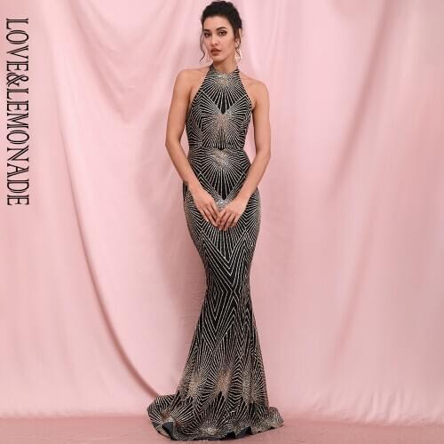LOVE&LEMONADE Sexy Black Big Backless Hanging Neck Geometric Glitter Glued Material Bodycon Party Maxi Dress LM80098-1