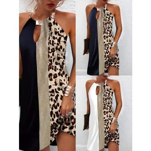 2021 Leopard Print Sleeveless Halter Metal Halter Color Block Dress