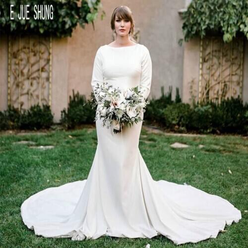 E JUE SHUNG Elegant Mermaid Wedding Dresses O-Neck Long Sleeves Bridal Dresses Buttons Back White Wedding Gowns robe de mariee