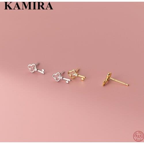 KAMIRA 925 Sterling Silver Korean Geometric Key White Zircon Pierced Stud Earrings for Women Party Romantic Small Unique Jewelry
