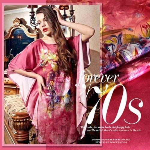 114cm wide flower print pink elastic silk clothes dress batwing shirt fabric 7587