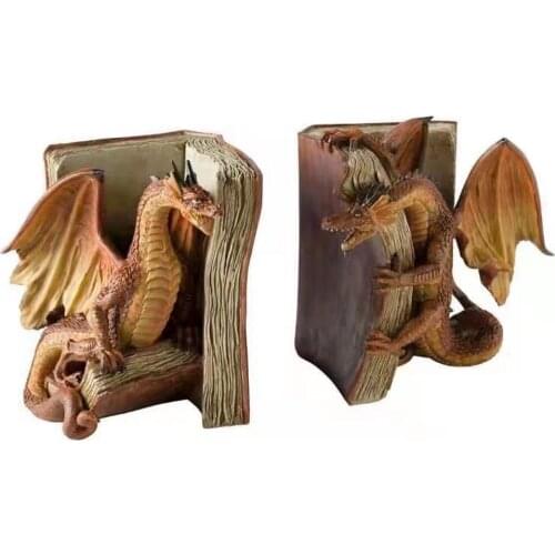2pcs Funny Dragon Bookend Ornament Resin Fighting Dinosaur Statue Desktop Sculpture Decorative Home Library Bookshelf Decoration