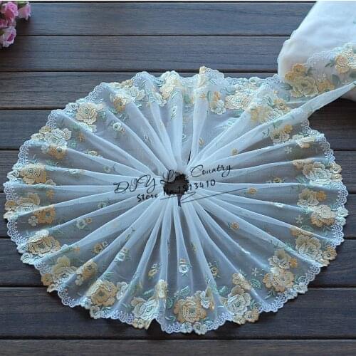 2yards/lot 20cm wide Embroidered Tulle Lace trim mesh lace trim~Tile Blue+Golden~lovely