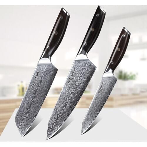 TURWHO 3PCS Kitchen Knives Sets Japanese Chef Santoku Utility Knives Damascus Stainless Steel Cooking Tool set sandalwood Handle
