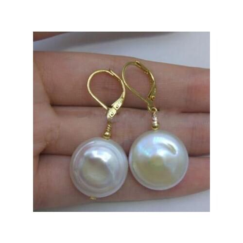 Free shipping Huge White Baroque South Sea Pearl Earrings 14 YELLOW GOLD
