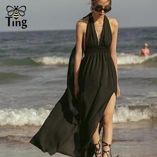 Tingfly Bohemian Sexy Deep V Neck Halter Chiffon Maxi Dresses Open Back Long Split Boho Dress Vestido Holiday Beach Bow Tie Robe