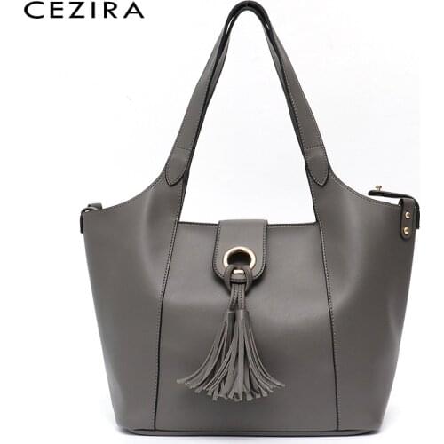 CEZIRA Women Large PU Leather Shoulder Bag Fashion Tassel Handbag Daily Casual Female Tote Vegan Leather Bucket Crossbody Purse