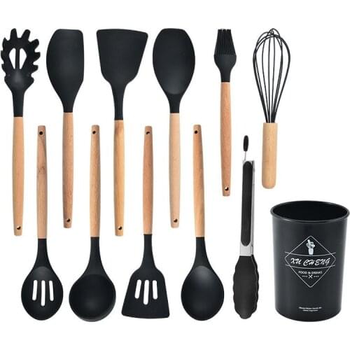 Black 12Pcs Kitchen Utensil Premium Silicone Utensil With Non-Stick Flexible Wood Handle Cooking Cookware Home Kitchen Supplies