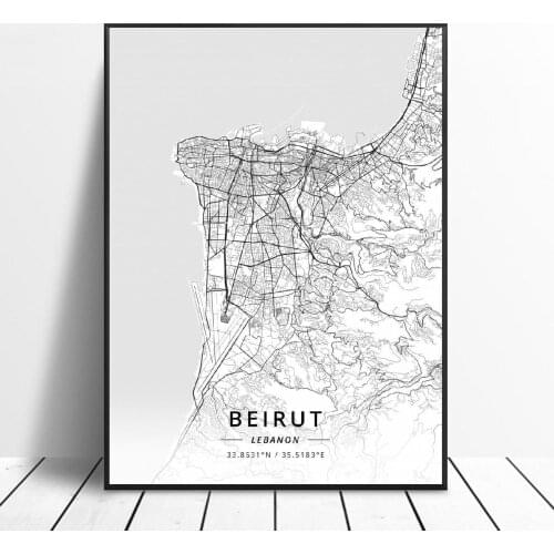 Black and White Beirut Lebanon Latitude Longitude Canvas Art Map Poster