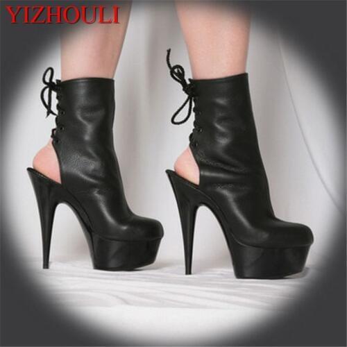 Black fashion motorcycle boots, super high heels, nightclub stage 15 cm classic 6 inch womens ankle boots
