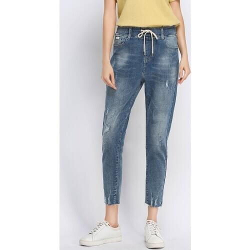 Spring Summer Elastic Waist Ripped Jeans for Women Pencil Denim Pants Thin Casual Streetwear Stretch Jeans Female TA8808