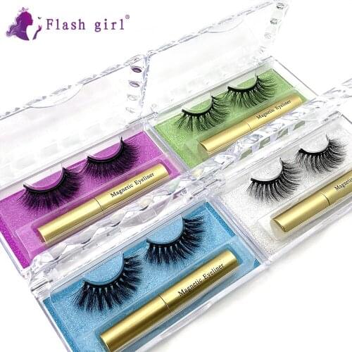 Flash girl top quality 1pair 5D mink Magnetic Eyelashes Luxury crystal box Magnetic Liquid Eyeliner Magnetic False E