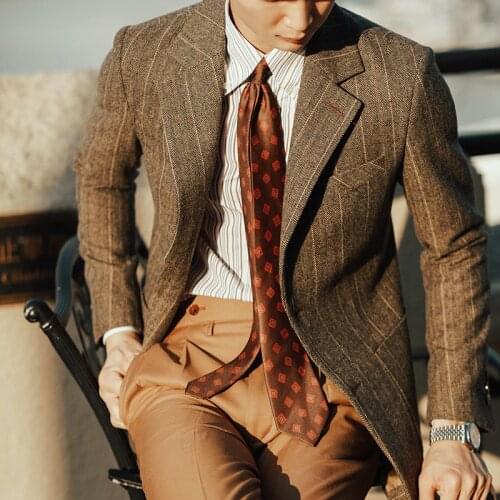 Herribone Stripe Blazer Hombre Autumn Casual Wool Suit Mens Coat Slim Long Sleeve Gentleman Suit Dress Prom Blazers For Men