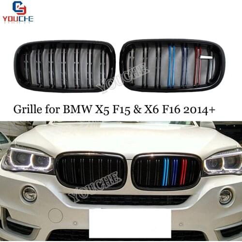 Carbon Fiber 2-Slat ABS Front Bumper Grille Grills for BMW X5 F15 X6 F16 5-door SUV 2014 + Black Gloss M Color Front Hood Mesh