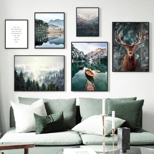 Forest Deer Animal Canvas Wall Art Print Painting Mountain Lake Landscape Poster Nature Decorative Picture For Home Decor TB143