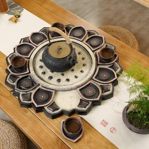 Chinese classical and creative large round tea tray set tray, cup mat, imitation stone tea table, set up Zen tea set